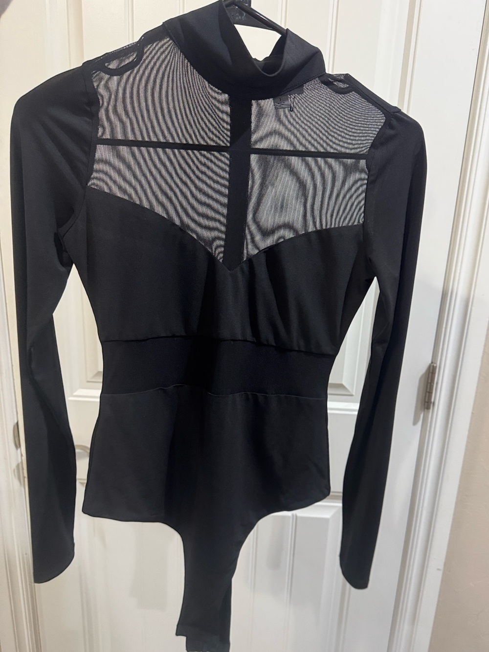 MARBLE Black Long-Sleeve Mock Neck Mesh-Yoke Bodysuit
